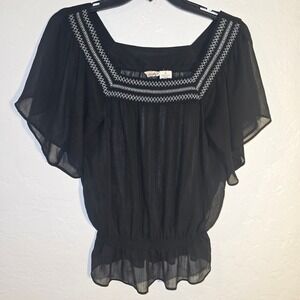 Vintage Mudd Sheer Peasant Top Women Size M Flutter Sleeve Y2K Embroidered Boho